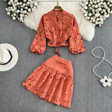 Fongt Temperament V-Neck Hollow Embroidered Lantern Sleeve Short Shirt Women Two Sets Hit High Waist Thin Word Half Skirt