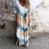 Fongt Summer New Women's Casual Loose Short-Sleeved V-Neck Open Fork Dyed Long Dress