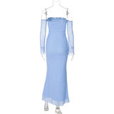 Blue Off-shoulder Solid Maxi Dress-Outfit
