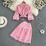 V Neck Hollow Embroidered Lantern Sleeve Short Shirt Solid Mini Skirt 2 Piece Suit Women 2024 Autumn Fashion New TH2512-Outfit