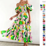 Fongt Summer New Bubble Sleeve Holiday Show Skinny Dress Babes High-Waisted Shoulder-Print Dress Dress Woman