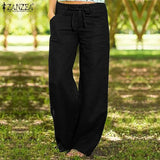 ZANZEA Women Autumn Pants Wide Leg Trousers 2022 Elegant Button Long Pant Turnip Lace Up Pantalon Zip Palazzo