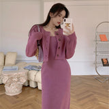 New Autumn O Neck Cardigan Short Knitted Sweaters Slim High Waist Spaghetti Strap Dress Temperament