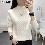 Mock Neck Ribbed Knitted Tops Women Casual Thick Warm Twist Sweaters Korean Basic All Match Bottoming Knitwear