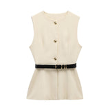 Fongt 2025 New Women's Round-Neck With Sleeveless Belt Vest Women's Top