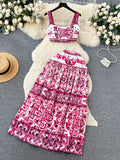Fongt Blue And White Porcelain Printing Set Women's Summer Pure Desire To Bare Belt Slings Small Vest + High Waist Mid-Long Skirt