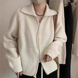 Fongt Zipper Autumn Winter Collar Solid Color Lazy Wind Wear Sweater Coat Jacket Korean Version Soft Waxy Women-Outfit