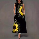 Fongt Sleeveless Dress Female Positioning Print Dress Bohemian Retro Long Dress