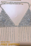 New Rhinestone Metal Texture Suspender Top Sexy Backless Tassel Bralette Nightclub Beach Crop Tops for