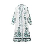 Fongt New Printed Long Dress Lantern Sleeve V-Neck Casual Beach Vacation Shirt Dress