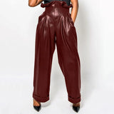 Women PU Leather Pants ZANZEA 2022 Spring Autumn Ruffle High Waist Wide Leg Pants Casual Solid Pleated Pockets