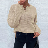 Fongt Fashion Women's Top Knit Jumper Long Sleeve V-Neck Pocket Solid Color Sweater Women's