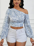 Fongt Women's Short Blue Broken Flowers With Asymmetric Shoulder Bubble Sleeve Shirt Autumn Women's Clothing
