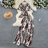 Fongt Mature Two Sets Of Women's Summer Dress Design Cross-Round Neckline Short-Sleeved Print Top High-Waisted Casual Broad-Legged Trousers