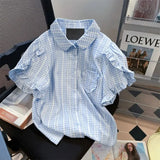 Sweet Blue Plaid Shirts Women Summer Vintage Puff Sleeve Ruffles Blouses Y2k Grunge Single Breasted Blusas Mujer-Outfit
