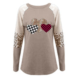 Fongt Women's Valentine's Day New Long-Sleeved Splicing Hot Casual T-Shirt Round-Neck Loose Top