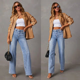 Fongt Ebay New Comfortable Casual Loose Splicing Wide Leg Women's Jeans-32149-Outfit