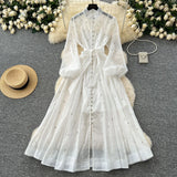 Fongt Standing Collar Nails Drilled Full Of Star Buckle Lantern Sleeves Tied With Waist Temperament Dress Famous Party Dress Dress