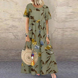 Fongt Explosion Women's Vintage Flower Printed Short Sleeve Round Dress