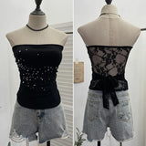 Fongt Diamond Splicing Lace-Back Strapped Braided Braided Braided Brae Folded Bra Sleeveless Top 1196