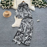 Fongt Familiar Wind Wearing A Female Fashionable Loose-Fitting Long-Sleeved Printed Shirt + High-Waisted Casual Broad-Legged Trousers Set