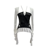 Dark Tidal Irregular Hanging Neck Tie With Hollow Spliced Niche Pads On The Shoulder With Long-Sleeved T-Shirt
