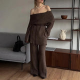 Fongt Selling A Word Shoulder Knitted Commuting Set Loose Top Broad Leg Trousers Simple High-Grade Gray Workplace Fashion