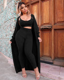 Women's autumn and winter fashion solid color sexy suspenders long coat trousers plush suit women's three-piece set Vestidos-Outfit