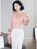 Women's Blouse Silk Tops for Women Solid Embroidered Long Lantern Sleeve Top Stand Neck Clothing Female 2023 Basic