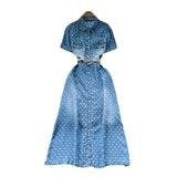 Fongt Familiar Style Niche Fashion Short-Sleeved Wave Dot Denim Dress Women's Waist Thin Temperament Elegant A-Word Shirt Skirt