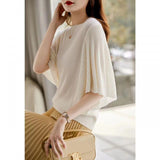 Fongt Wan Feminine Taste Splicing Flounce Sleeve Comfortable Round Collar Knitting Five Minutes Sleeve Jacket Female-Outfit