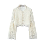 Fongt 2025 New Women's Fashion Simple Collar Long-Sleeved Lace Shirt Top