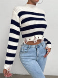 Fongt Women's Clothing Fashion Round Collar High-Waist Short Striped Knitted Short Sweater