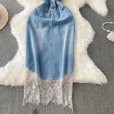 Fongt Lace Splicing V-Neckless Denim Dress Women's Summer Senior Feeling Lanky Dress