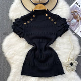 Ruffles Short Sleeve Buttons Sweater Jumpers Girls Stretchy Chic Sweaters Pullovers Tops Women Knitted Tee Shirts-Outfit
