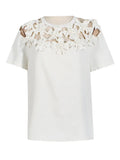 Fongt Summer New Fashion Round Collar Embroidery Flower Splicing Design Sense Versatile Hollow Short-Sleeved T Shirt Jacket Female-Outfit
