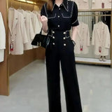 Lady Solid Color Matching Sets Stylish Bright Line Decoration Casual Polo-Neck Single-breasted Summer Elastic Pant Sets-Outfit