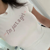 Rhinestone Letter Print Crop Top White Short Sleeve Slim Casual Tees Summer O Neck Basic Women T Shirt y2k Vintage Shirts-Outfit
