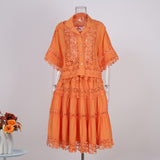 Fongt Court Style Lace Lace Hollow Hook Short Blouse High-Waisted Lace Spliced Skirt Suit