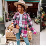 Fongt Net Red Autumn Street Temperament Long-Sleeved Collar Loose Women's Plaid Shirt Long Coat