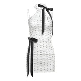 Fongt New Women's Dress Hanging Neck Exposed Back Bow Wave Dot Hip Dress-Outfit