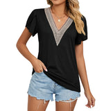 2023 New Gold Lace Lady V-Neck Tile Short Sleeve Solid Color T-Shirt Top-Outfit