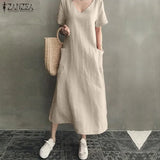 2022 Women Long Maxi Summer Dress Casual Cotton Linen Ladies Big Pockets Beach Party Robe Femme
