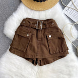 Fongt Babes Work Style Skirts Women High-Rise Thins Retro Old Denim Shorts Wide Leg Trousers