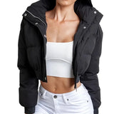 Women Short Puffer Jackets Fall Winter Coats Crop Tops Adults Solid Color Long Sleeve Stand Collar Outerwear with
