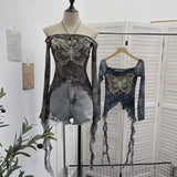 Fongt Shot Raging Butterfly Embroidery Y2k Babes Punk Word Shoulder Tie-Dye Mesh T-Shirt With Short Top 1319