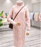 Turtleneck Twist Knitting Dresses Women Warm Candy Color Rib Knited Pullover Dress Elegant Chic Solid Sweater
