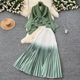 Fongt Wrinkled Butterfly Sleeve Gradient With Shawl Short Coat Top + Gradient 100 Folded Skirt Two-Piece Suit