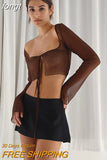 Top Women See Through Blouses Green Shirts Long Sleeve Crop Top Club Party Slim Brown Tie Up Mesh Top Streetwear