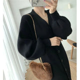 Sweater Dress Women Knitted Sweaters Dresses V-neck Bodycon Midi Button Decor Slim Long Sleeve Vestidos